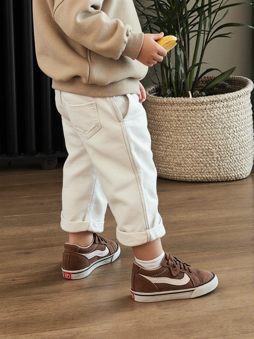 รองเท้าผ้าใบสีน้ำตาลสำหรับเด็ก Low-top บนโมเดลพร้อมถุงเท้าสีขาวแบบ Crew บนพื้นไม้ มุมด้านข้าง