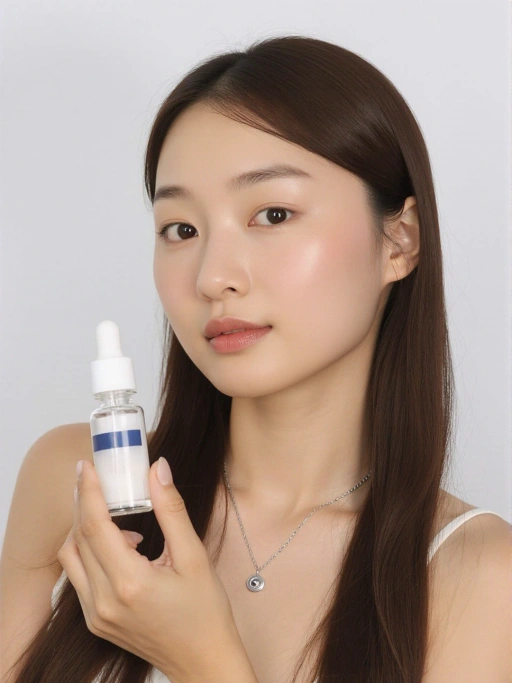 slender Asian female hand holding a glass serum bottle with dropper, clear background