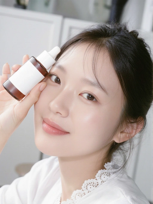 여성 손이 스킨케어 세럼 병을 잡고 있는 모습, 자연광, 제품 크기 참조