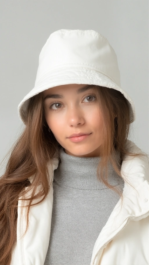 Professional Virtual Hat Try-On White Cotton Unisex Bucket Hat showcasing 100% Cotton Bucket Hat on Oval Face Shape, Light to Medium Skin Tone, styled in Minimalist Streetwear.