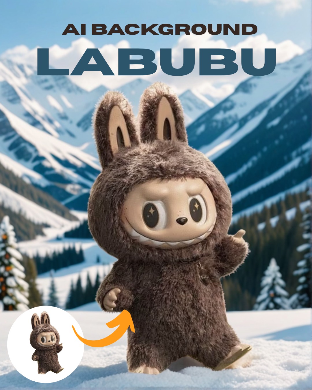 Labubu with AI-generated snowy mountain background and text 'AI Background Labubu'