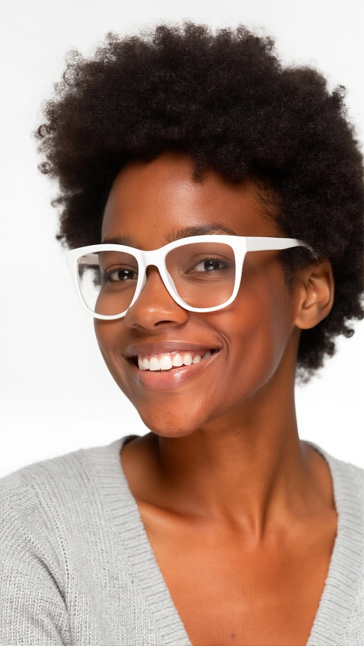 Coba Pakai Kacamata Virtual Profesional: Frame Acetate Putih untuk Wajah Bulat menampilkan Kacamata Acetate pada Model Wajah Bulat Kulit Gelap, bergaya Minimalis.
