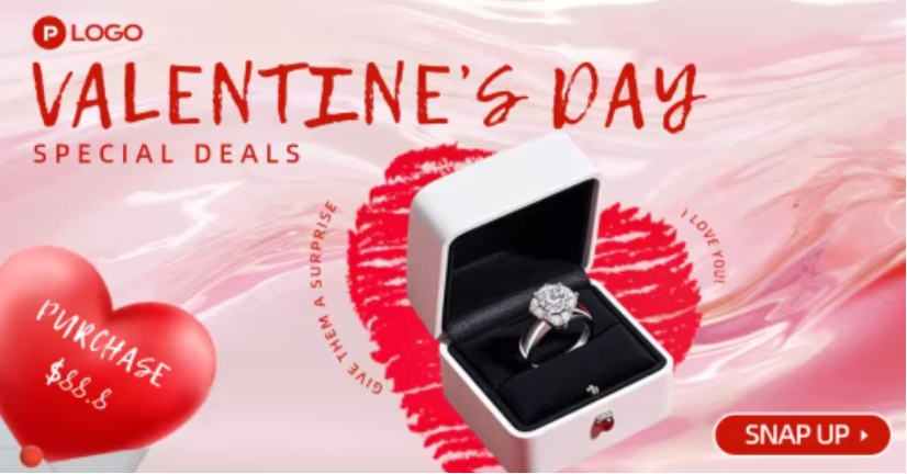 A Valentine’s Day promotional ad with a soft pink background covered in heart patterns, featuring a diamond ring at the center of the image A Valentine’s Day promotional ad with a soft pink background covered in heart patterns, featuring a diamond ring at the center of the image