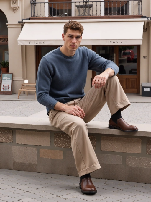 店舗前でカフ付きパンツとブラックソックスを合わせたブラウンアンクルブーツの横側面ショット