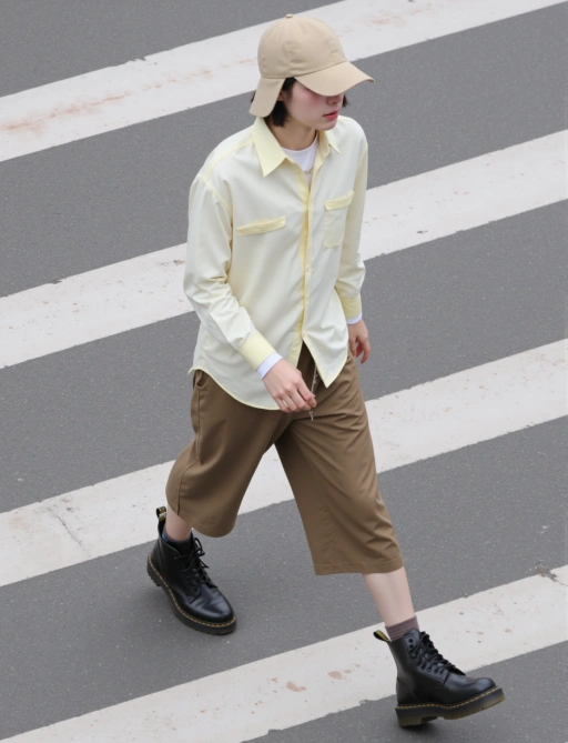 Black Ankle Boots on model with White Crew Socks in Concrete Pavement, Lateral Side View.