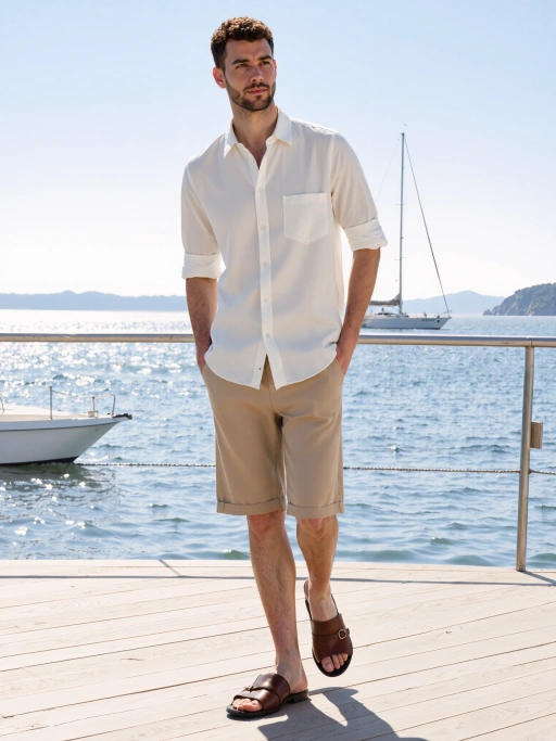 แซนดัลสีน้ำตาลบนโมเดลขาที่มีขนบนระเบียงไม้ มุมถ่ายภาพด้านข้าง