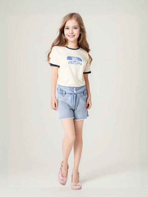 专业AI童装摄影图,含浅肤色真人儿童模特,简约白底影棚拍摄,展现T恤质感与工艺。