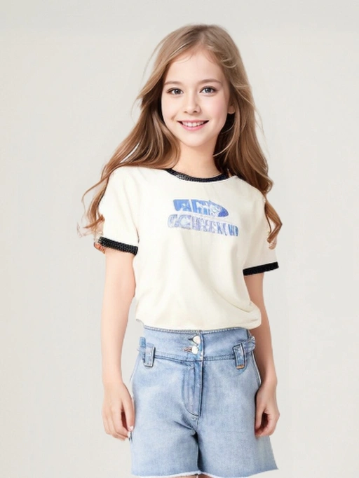 Профессиональный призрачный манекен для детской одежды с моделью в белой минималистичной студии, показывающий футболки и джинсовые шорты в стиле «Профессионально и надежно».