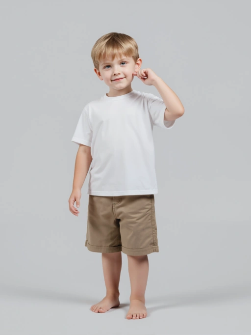 Professional Ghost Mannequin to Model for Children featuring Studio Model wearing T-Shirts in Minimalist Gray Studio, Professional style.