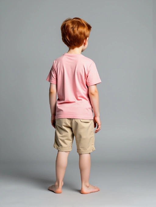 Professionelle KI-Produktfotografie für Kinderbekleidung mit Kindesmodell, das T-Shirts und Shorts im minimalistischen grauen Studiohintergrund trägt, professioneller Stil.