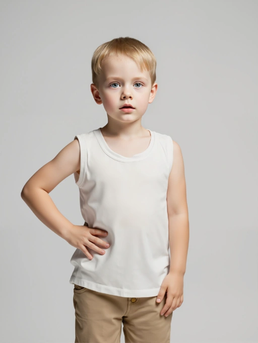 Modelo profesional de ropa AI para camisetas sin mangas infantiles con modelo infantil destacando modelo de estudio usando camisetas sin mangas en estudio gris minimalista, estilo profesional
