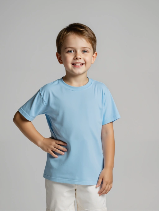 Imagem profissional de Colocar Roupas no Modelo IA para Camisetas Infantis com Modelo de Estúdio, mostrando Modelo de Estúdio usando camisetas no Estúdio Cinza Minimalista, estilo Confiável.