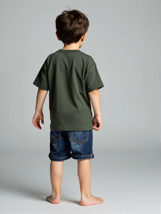 Professional Put Clothes on Model AI for Children's Clothing featuring Studio Model wearing Boys' Clothing in Minimalist Gray Studio, Professional style.