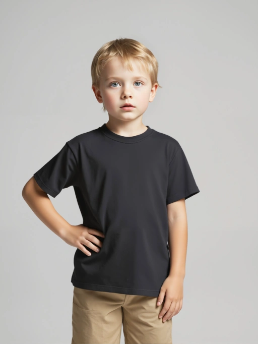 Imagen profesional de IA para colocar ropa en modelo para camisetas con modelo infantil destacando modelo de estudio vistiendo camisetas para niños en estudio gris minimalista, estilo profesional.