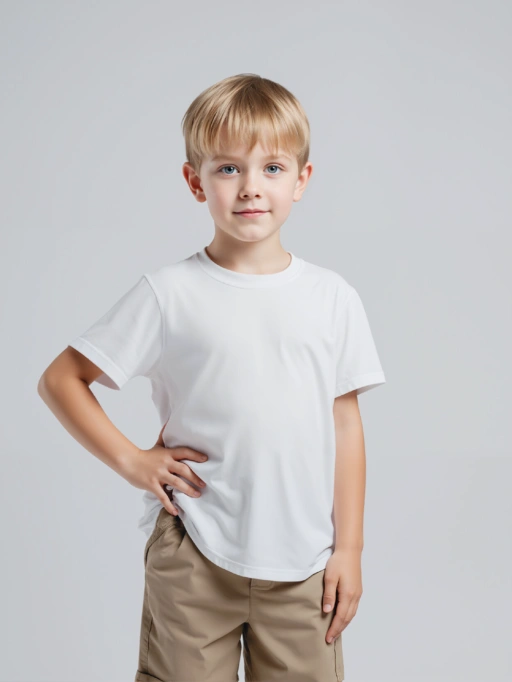 子供用TシャツAIモデル画像|淡肌スタジオモデルがミニマルホワイトスタジオで着用するプロフェッショナルスタイル