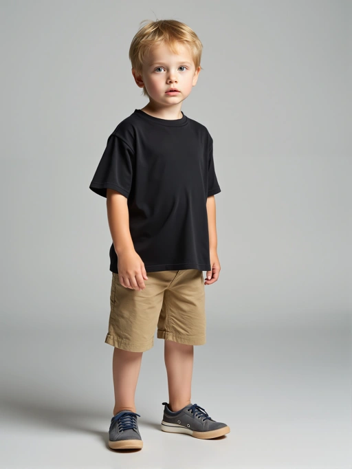 子供服向けAIモデル生成ツール|カウカシアンスタジオモデルがミニマルグレイスタジオでTシャツ&トップスを着用するプロフェッショナルスタイルの画像