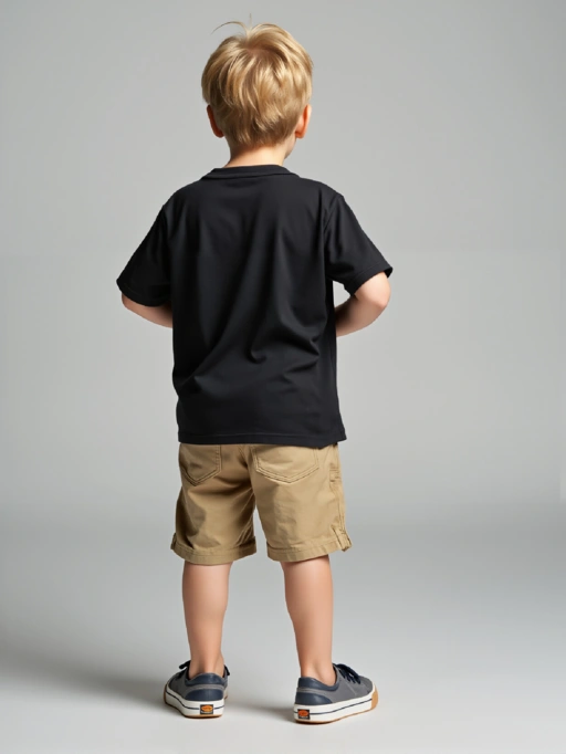 Profissional Colocar Roupas no Modelo IA para Vestuário Casual Infantil com Modelo Infantil apresentando Modelo de Estúdio vestindo Camisetas no Estúdio Cinza Minimalista, estilo profissional.