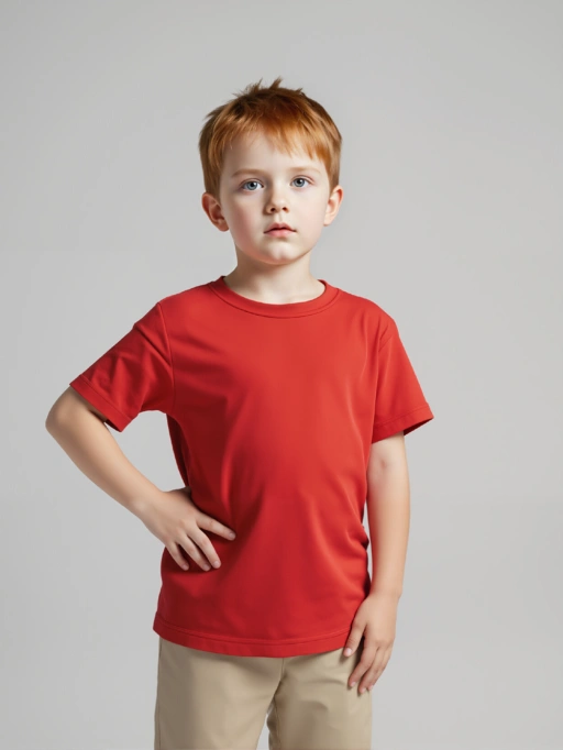 Foto profissional da IA para colocar roupas em modelo infantil para camiseta com modelo infantil, apresentando modelo de estúdio vestindo camisetas em plano de fundo de estúdio cinza minimalista, estilo profissional.