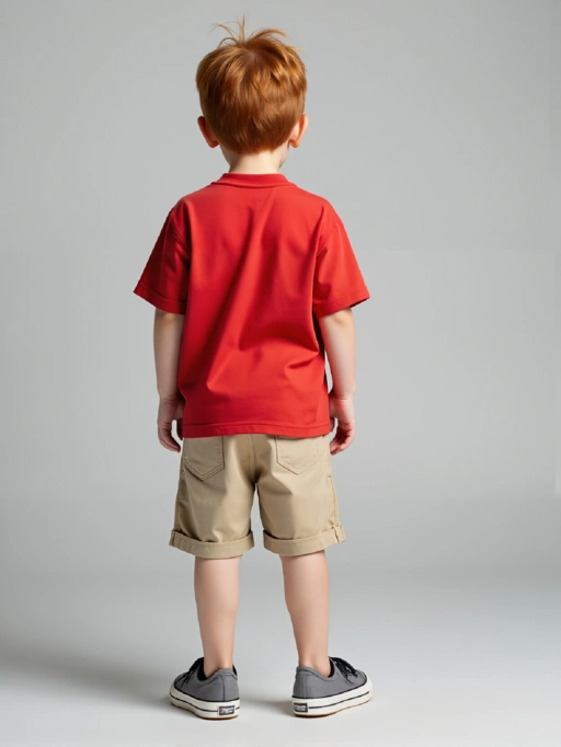 รูปภาพมืออาชีพ AI ใส่เสื้อผ้าบนตัวแบบเด็กสำหรับเสื้อผ้าเด็ก แสดงตัวแบบสตูดิโอสวมชุดในสตูดิโอเทาแบบมินิมอล สไตล์น่าเชื่อถือ