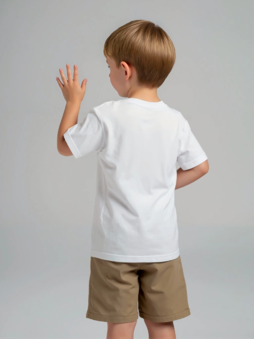 プロフェッショナルなAI商品撮影:子供用Tシャツの子供モデルを使用し、ミニマルグレイスタジオでスタジオモデルが着用中のTシャツ、プロフェッショナルスタイル。