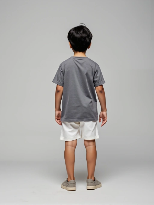 Professional AI Clothing Model for Kids T-Shirts with Child Studio Model featuring Studio Model wearing T-Shirts in Minimalist Gray Studio, Professional style.