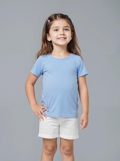 Foto AI Flat Lay ke Model untuk Kaos Anak dengan Model Gadis Muda menggunakan Model Studio di Latar Belakang Studio Abu-Abu Minimalis, gaya dapat dipercaya.