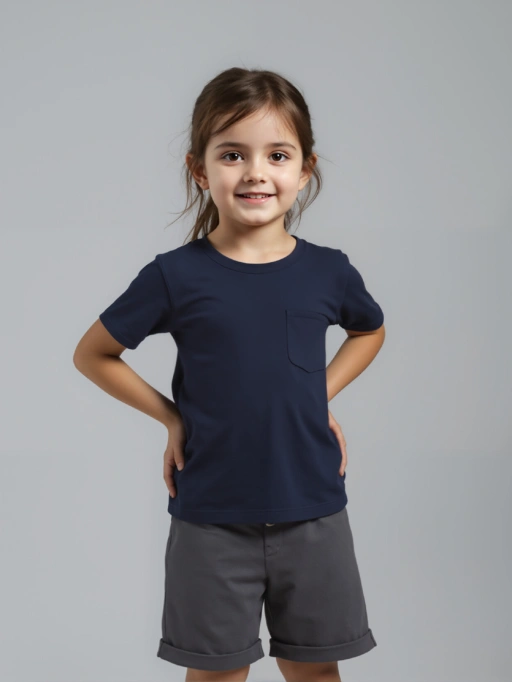 Professional AI Product Photography for Kids T-shirts with Child Model featuring Studio Model wearing T-Shirts in Minimalist Gray Studio, Trustworthy and Professional style.