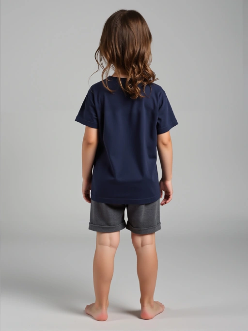 Fotografia Profissional de Produto com IA para Camisetas Infantil com Modelo Criança apresentando Modelo Estúdio usando Camiseta no Estúdio Cinza Minimalista, estilo profissional.