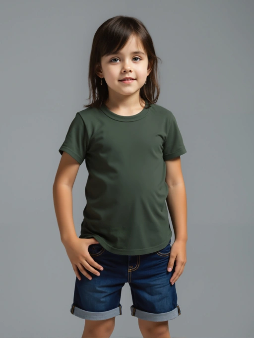 아동 모델이 미니멀 그레이 스튜디오에서 키즈 티셔츠 & 반바지를 착용한 전문적인 AI 제품 촬영