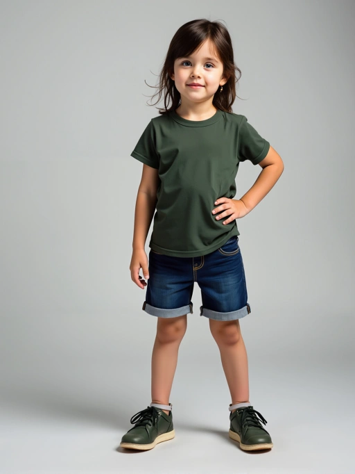 专业儿童T恤AI上身模型|浅肤色工作室模特穿着T恤于简约灰调工作室,专业风格。