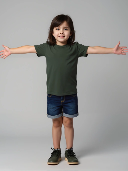 아동의류에 착용된 프로페셔널 AI 모델, 아동 모델을 특징으로 한 스투디오 모델이 미니멀리스트 회색 스튜디오에서 티셔츠를 착용한 모습, 전문적 스타일