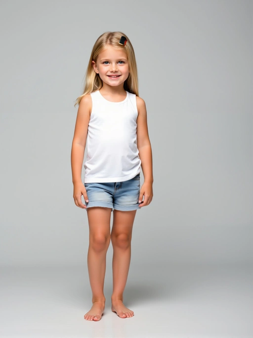 Professional AI Clothing Model for Children's Clothing with Child Model featuring Studio Model wearing Tank Tops in Minimalist Gray Studio, Trustworthy style.