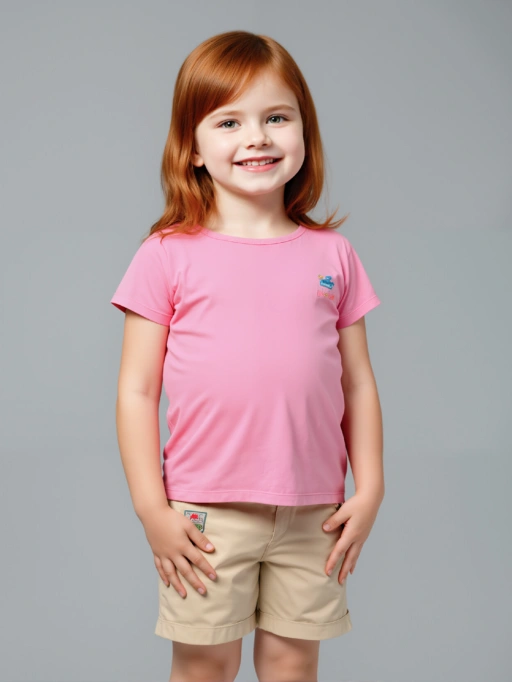 Professional Put Clothes on Model AI for Children's Clothing with Child Model featuring Studio Model wearing T-Shirts in Minimalist Gray Studio Background, Professional style.