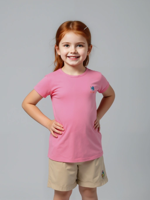 专业AI童装T恤摄影:虚拟儿童模特身着T恤于极简灰调影棚,展现值得信赖风格。