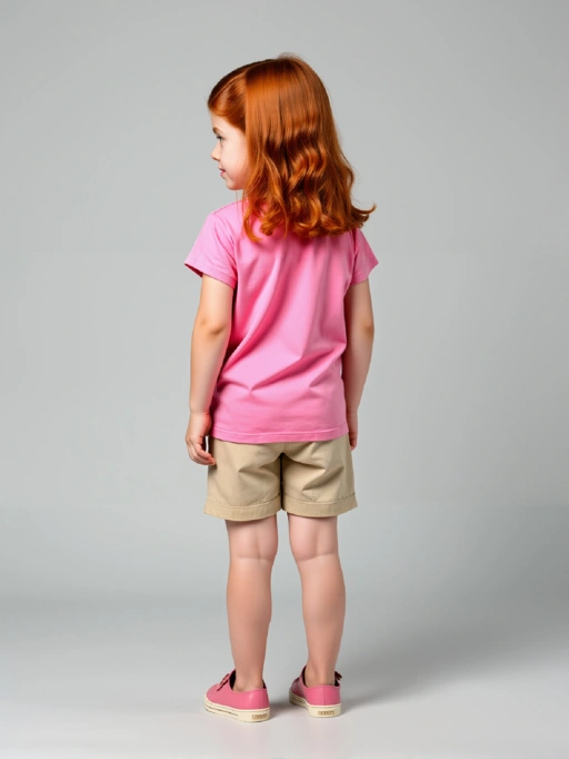 AI Pasang Baju pada Model Anak untuk Kaos Anak dengan Model Studio Anak, menampilkan Model Studio mengenakan kaos di Studio Abu-Abu Minimalis, gaya profesional.