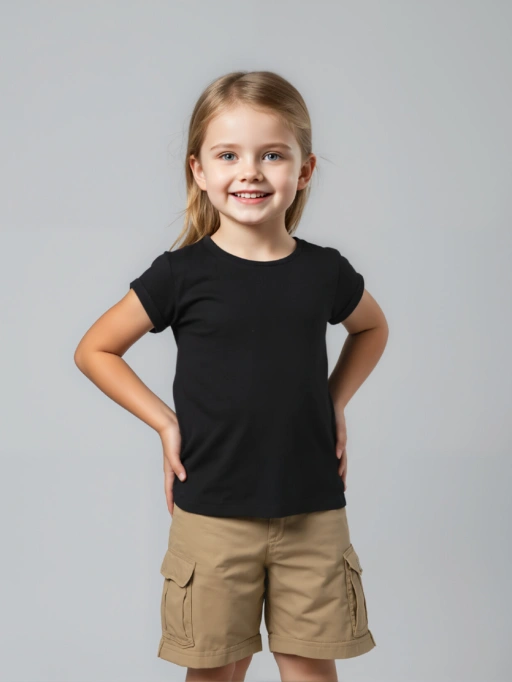 Профессиональное изображение детских футболок и шорт с моделью ребенка в минималистичной серой студии, стиль: профессиональный.