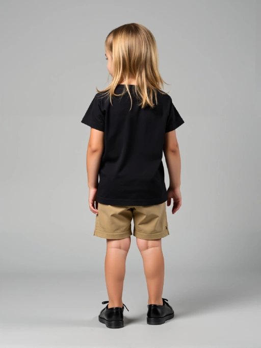 ภาพ Alt สำหรับ AI ใส่เสื้อผ้าบนโมเดลสำหรับเสื้อผ้าเด็กด้วยโมเดลสตูดิโอ แสดงโมเดลสวมเสื้อผ้าเด็กในสตูดิโอสีเทาเรียบง่าย สไตล์มืออาชีพ