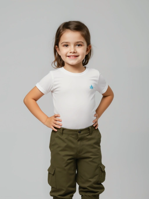 Mô hình thời trang trẻ em AI chuyên nghiệp cho áo phông trẻ em với bé gái, thể hiện mẫu studio mặc áo phông trong phòng chụp tối giản màu xám, phong cách uy tín.
