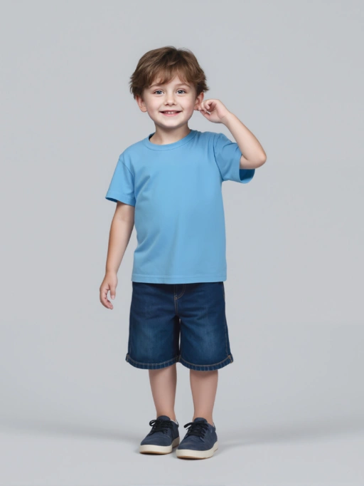 Imagem alternativa profissional para Modelagem de Roupas com IA para Vestuário Infantil com Modelo Infantil, apresentando Modelo de Estúdio vestindo Camisetas no Estúdio Cinzento Minimalista, estilo Confiável.