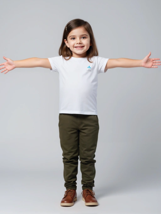 Mettre des vêtements sur modèle IA pour T-shirts enfants avec modèle enfant, modèle de studio portant T-shirts dans un studio minimaliste gris clair, style fiable.