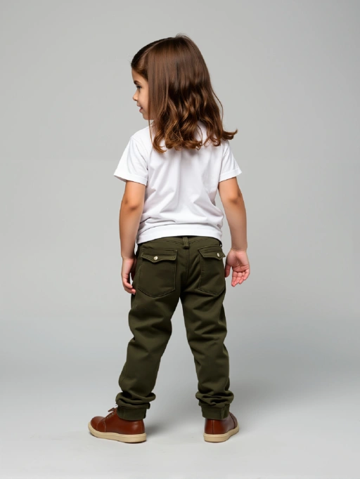 Professional Put Clothes on Model AI for Children's Pants with Child Model featuring Studio Model wearing Pants in Minimalist Gray Studio, Trustworthy style.
