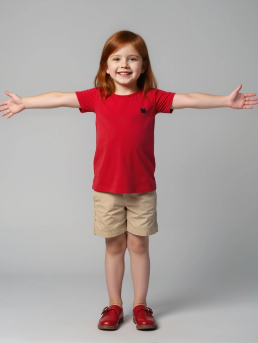 专业AI儿童服装上身效果:浅肤色童模于简约灰调影棚穿着T恤,呈现值得信赖风格。
