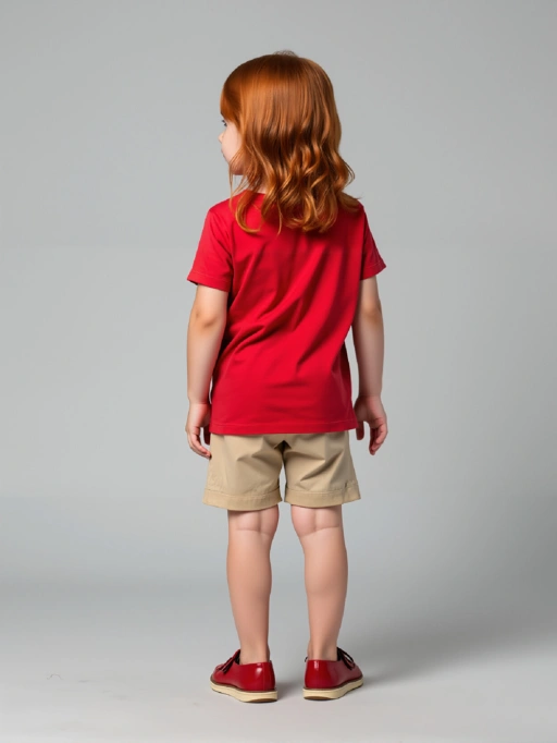 Modelo Plano para Modelo IA Profesional para Ropa Infantil con Modelo Infantil, mostrando Modelo de Estudio vestido con Camisetas y Camisas en Estudio Minimalista Gris, estilo profesional.