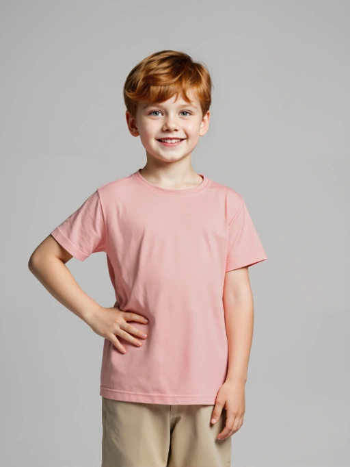 Профессиональный призрачный манекен для детской футболки с моделью в минималистичном сером студийном фоне, надежный стиль.