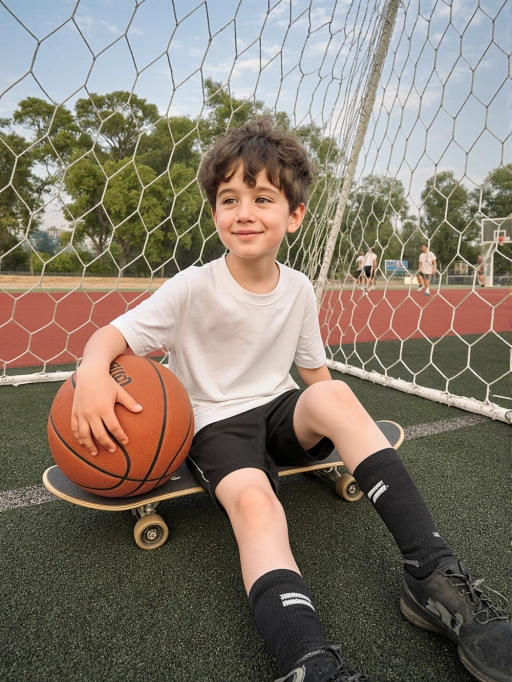 Este es un modelo infantil masculino atlético de Europa, probablemente italiano, con cabello corto y ondulado de color castaño, piel clara y figura delgada. Su expresión alegre y postura casual con un balón de baloncesto y un monopatín transmiten una vibra juguetona y enérgica. Esta imagen es muy adecuada para publicidad de ropa deportiva, promociones de actividades infantiles o materiales educativos centrados en estilos de vida saludables y actividades al aire libre.