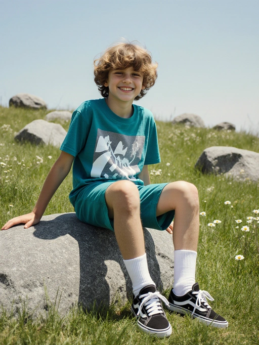 This is a playful and energetic child male model from Europe, likely Italian, featuring short curly brown hair, fair skin, and a slim figure. His bright smile and relaxed posture convey a sense of joy and liveliness, making him highly suitable for casual fashion campaigns, children's apparel advertisements, or lifestyle imagery that emphasizes outdoor fun and youthful exuberance. The setting of a grassy field with rocks adds to the natural and carefree vibe of the image.