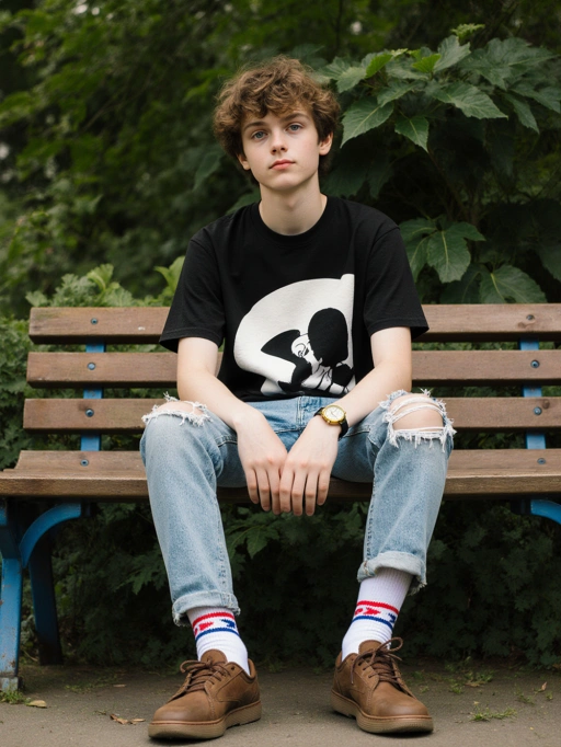 Este é um modelo adolescente confiante da Grã-Bretanha, com cabelo curto e encaracolado castanho, pele clara e um tipo de corpo esguio. Seu traje casual, mas estiloso, composto por uma camiseta gráfica, jeans rasgados, meias coloridas e sapatos de couro, combinado com uma postura relaxada em um banco de parque, transmite uma vibe descontraída e autoconfiante. O cenário e sua roupa sugerem que ele é ideal para representar a cultura jovem, moda streetwear ou campanhas de estilo de vida voltadas para um público mais jovem.