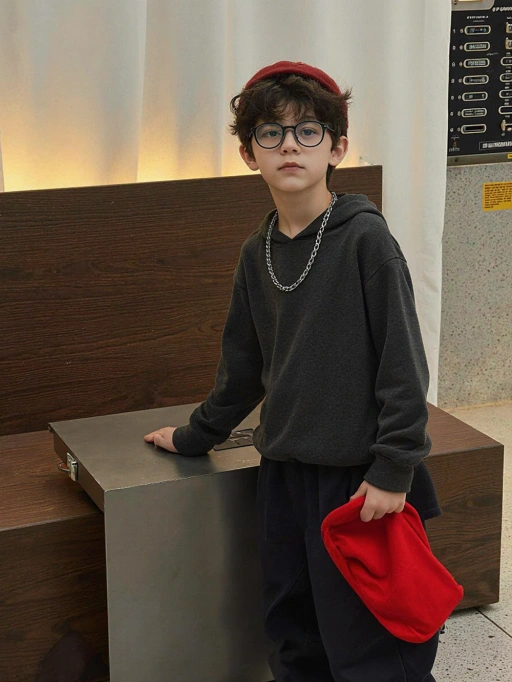 Ini adalah model anak laki-laki yang modis dari Eropa, kemungkinan berasal dari Italia, dengan rambut cokelat pendek bergelombang, kulit cerah, dan tubuh ramping. Pakaian yang dikenakannya terdiri dari hoodie gelap, kalung rantai perak yang mencolok, dan topi merah, memancarkan kesan tren dan percaya diri. Ekspresi serius dan postur anggun model ini menunjukkan kepribadian yang dewasa dan modis, membuatnya sangat cocok untuk kampanye pakaian jalanan perkotaan atau iklan gaya hidup modern.