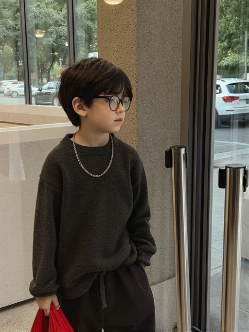 This is a stylish child male model from China, featuring short brown hair with a neat side-swept style, a slim body type, and a yellow skin tone. His confident posture and choice of accessories, such as a chunky chain necklace and glasses, convey a modern and fashionable vibe. The overall look suggests a blend of youthful energy and contemporary style, making him well-suited for children's fashion campaigns, lifestyle photography, or urban-themed advertisements.