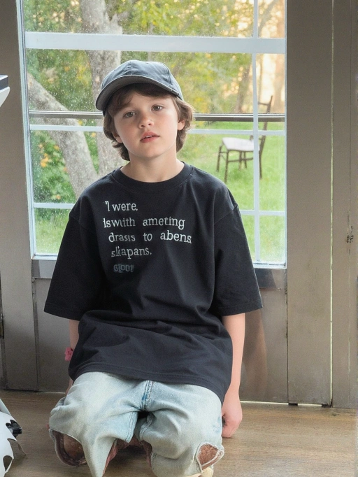 This is a casual and playful child male model from the Americas, likely American, featuring short brown wavy hair, fair skin, and a slim figure. He wears a relaxed outfit consisting of a black T-shirt with text and distressed jeans, paired with a cap, exuding a laid-back and youthful vibe. His expression and posture suggest a sense of curiosity and ease, making him highly suitable for children's fashion, lifestyle photography, or advertising everyday wear for kids.